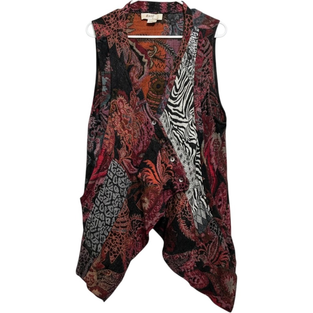 Anü by Natural Vest Womens L Red Maximalist 100% Wool Boho Asymmetrical Button